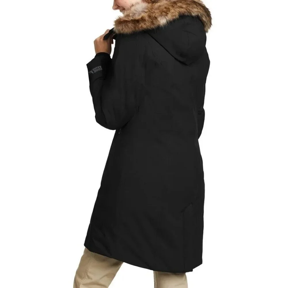 Eddie Bauer Women's L Down 650 Fill Long Parka Coat  Faux Fur Hood Black JCK195